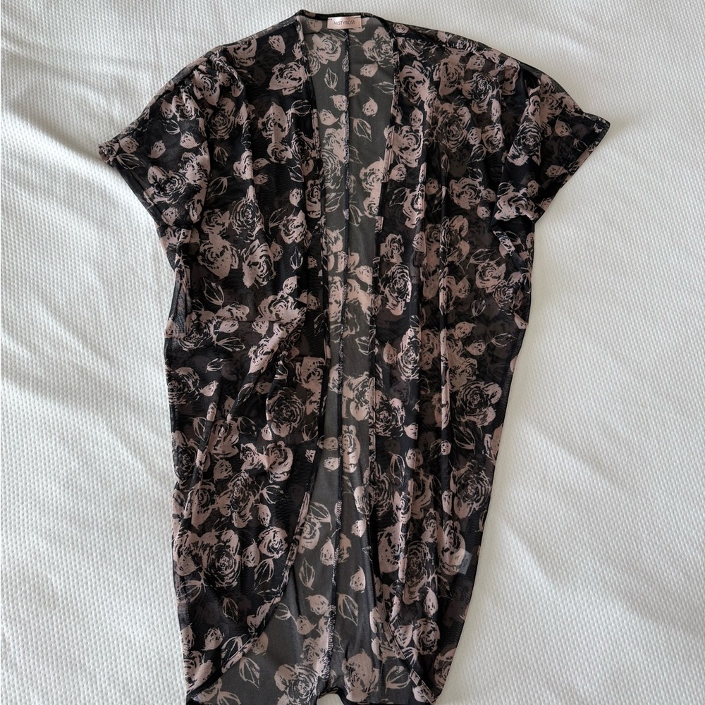 Black Mesh Kimono With Light Pink Rose Floral Detail